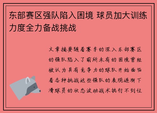 东部赛区强队陷入困境 球员加大训练力度全力备战挑战