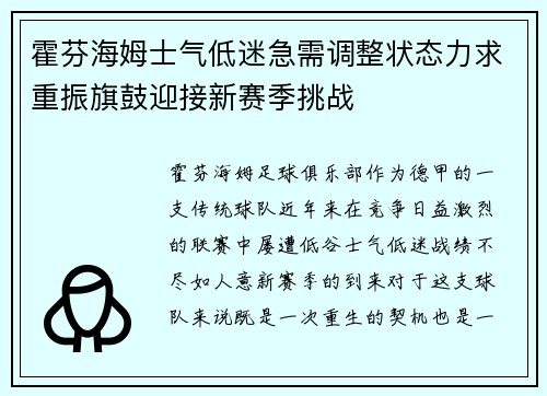 霍芬海姆士气低迷急需调整状态力求重振旗鼓迎接新赛季挑战