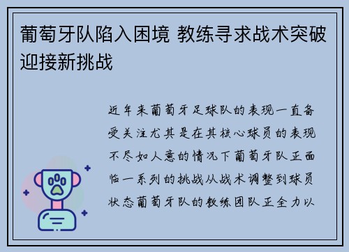 葡萄牙队陷入困境 教练寻求战术突破迎接新挑战